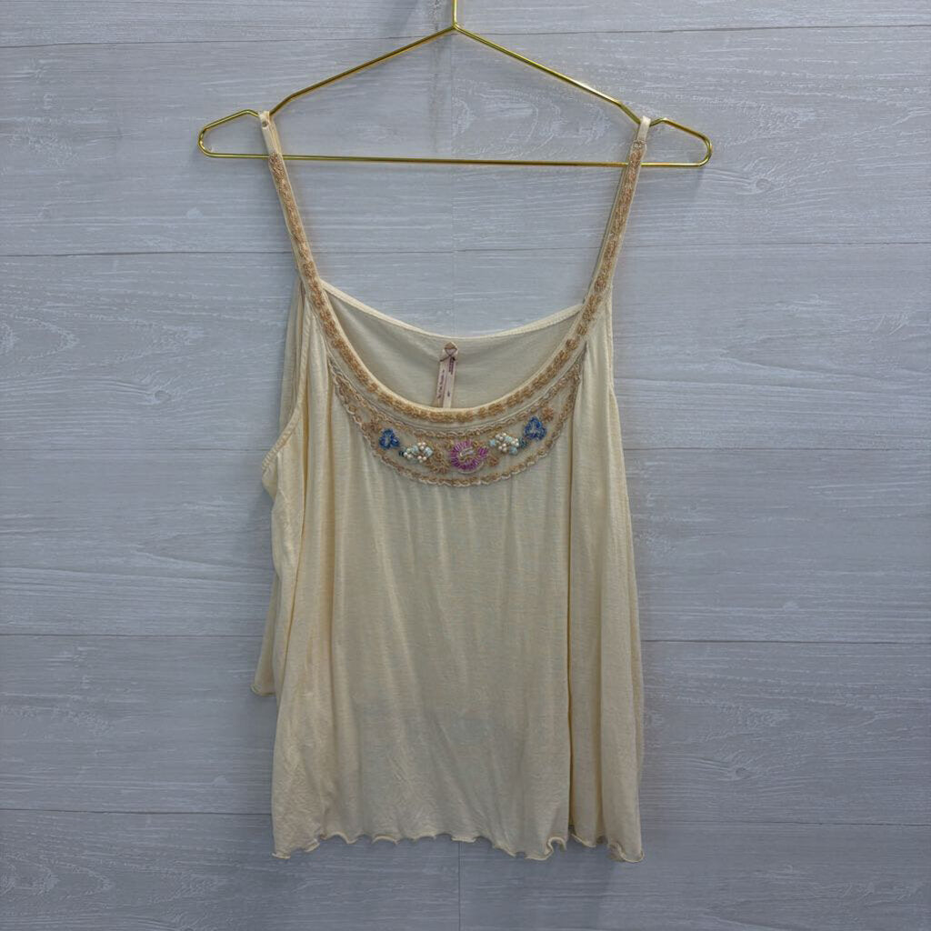 Free People Cream Beaded Embellished Neckline Tank Top Large