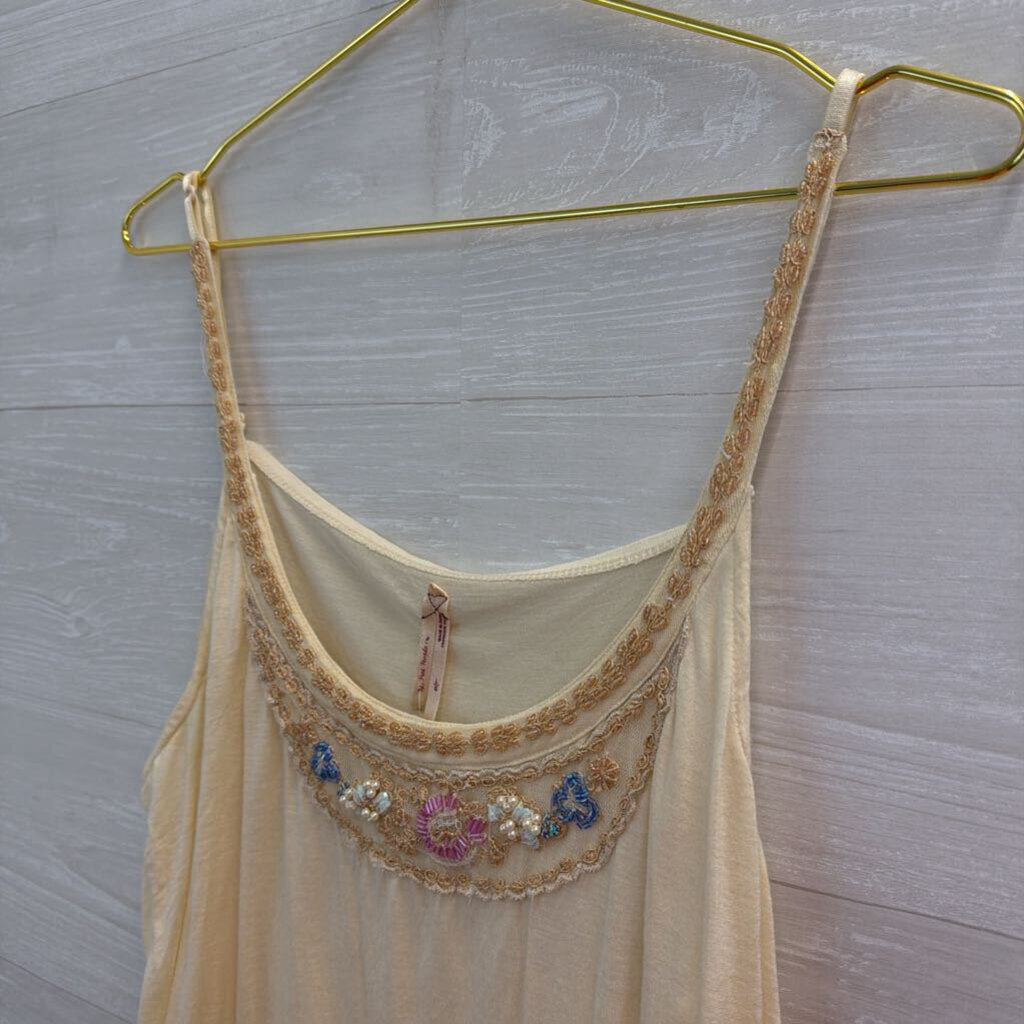 Free People Cream Beaded Embellished Neckline Tank Top Large