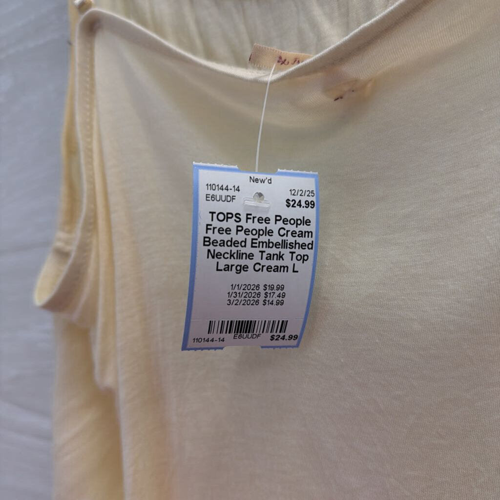 Free People Cream Beaded Embellished Neckline Tank Top Large