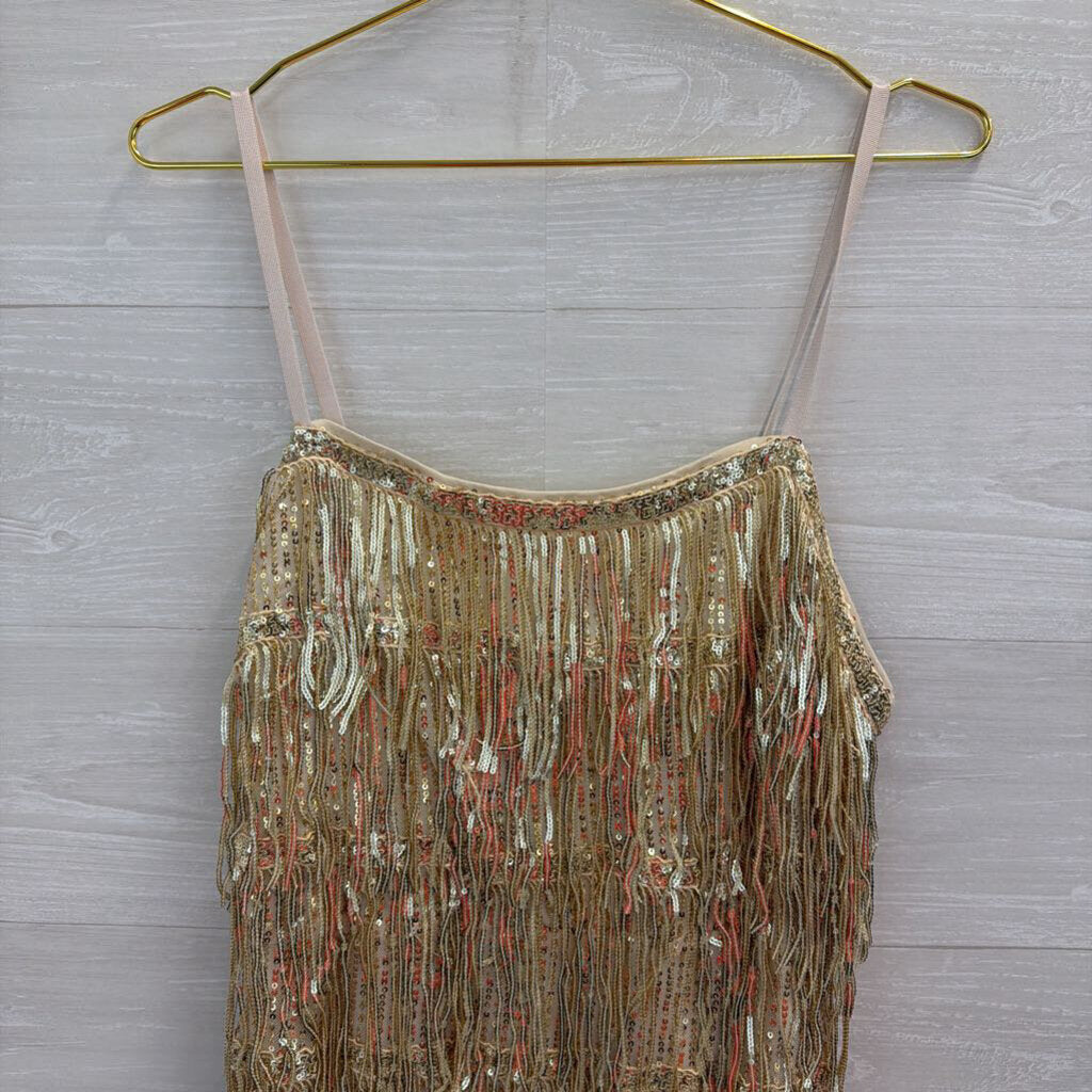 Gold Sequin Fringe Mini Dress Large