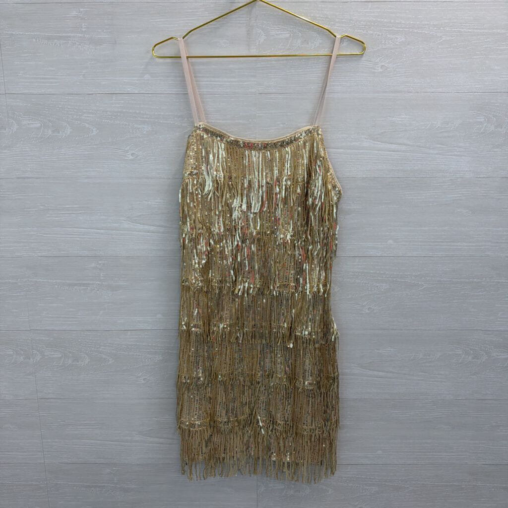 Gold Sequin Fringe Mini Dress Large