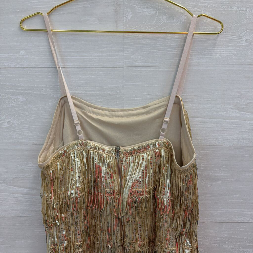 Gold Sequin Fringe Mini Dress Large