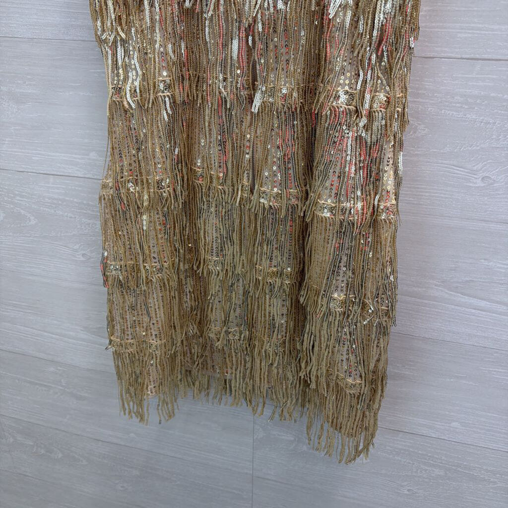 Gold Sequin Fringe Mini Dress Large