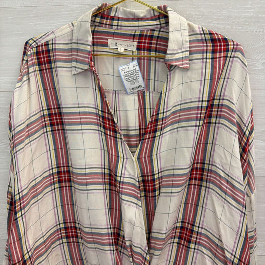 Lou and Grey White/ Multi Plaid Long Sleeve Faux Wrap Top Large