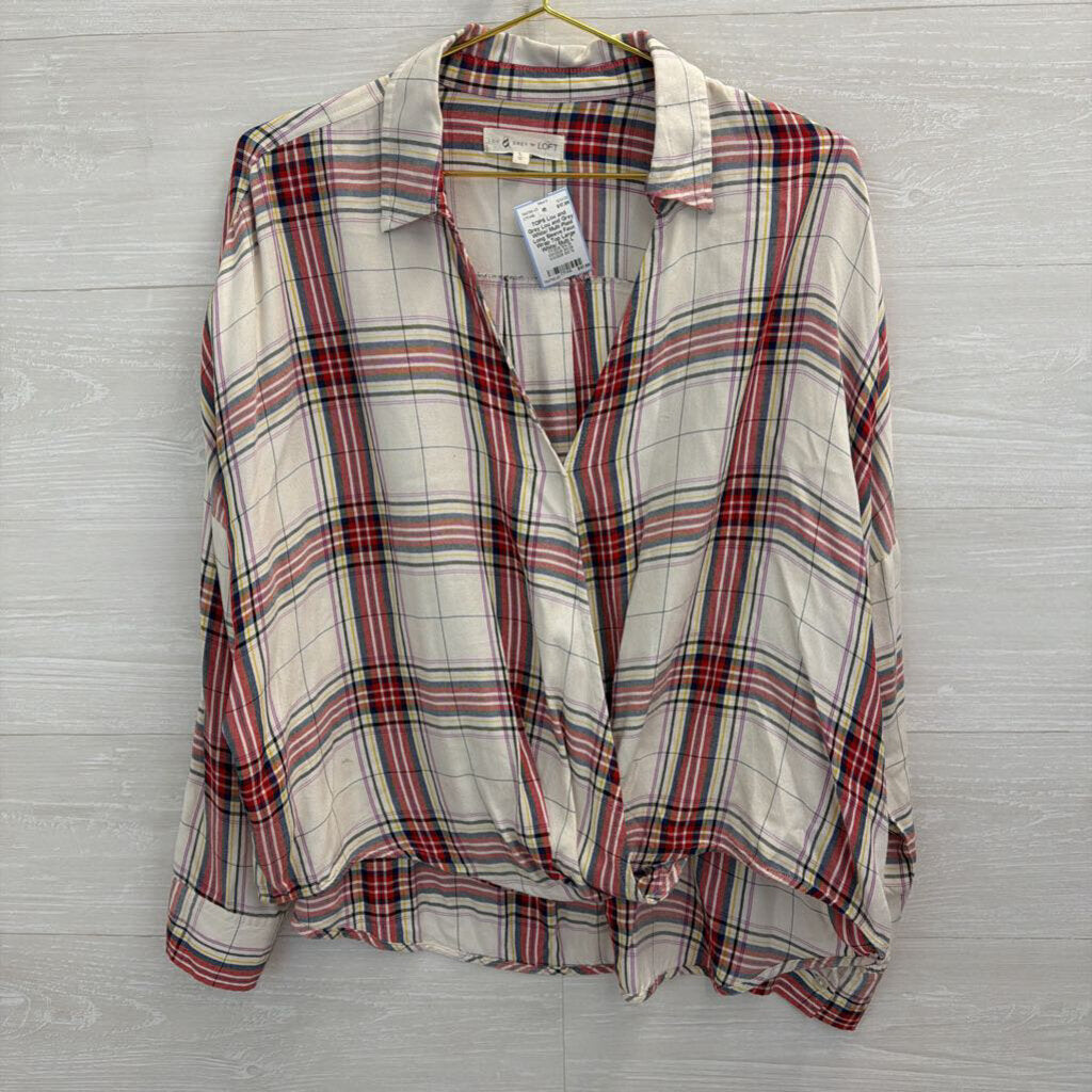 Lou and Grey White/ Multi Plaid Long Sleeve Faux Wrap Top Large