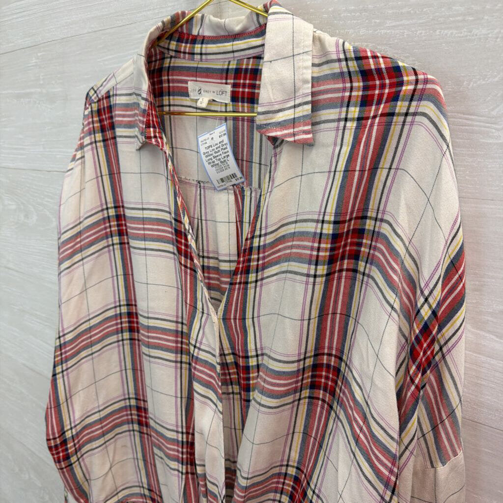 Lou and Grey White/ Multi Plaid Long Sleeve Faux Wrap Top Large