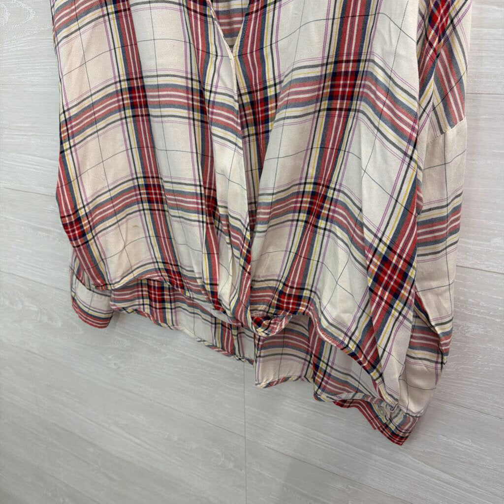 Lou and Grey White/ Multi Plaid Long Sleeve Faux Wrap Top Large