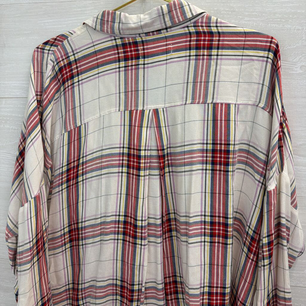 Lou and Grey White/ Multi Plaid Long Sleeve Faux Wrap Top Large