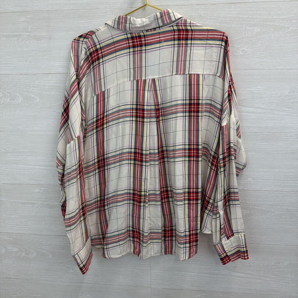 Lou and Grey White/ Multi Plaid Long Sleeve Faux Wrap Top Large