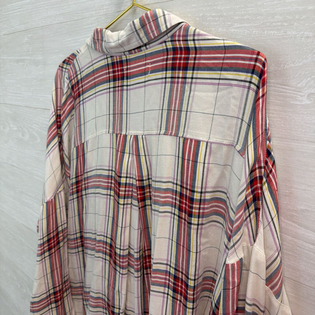 Lou and Grey White/ Multi Plaid Long Sleeve Faux Wrap Top Large
