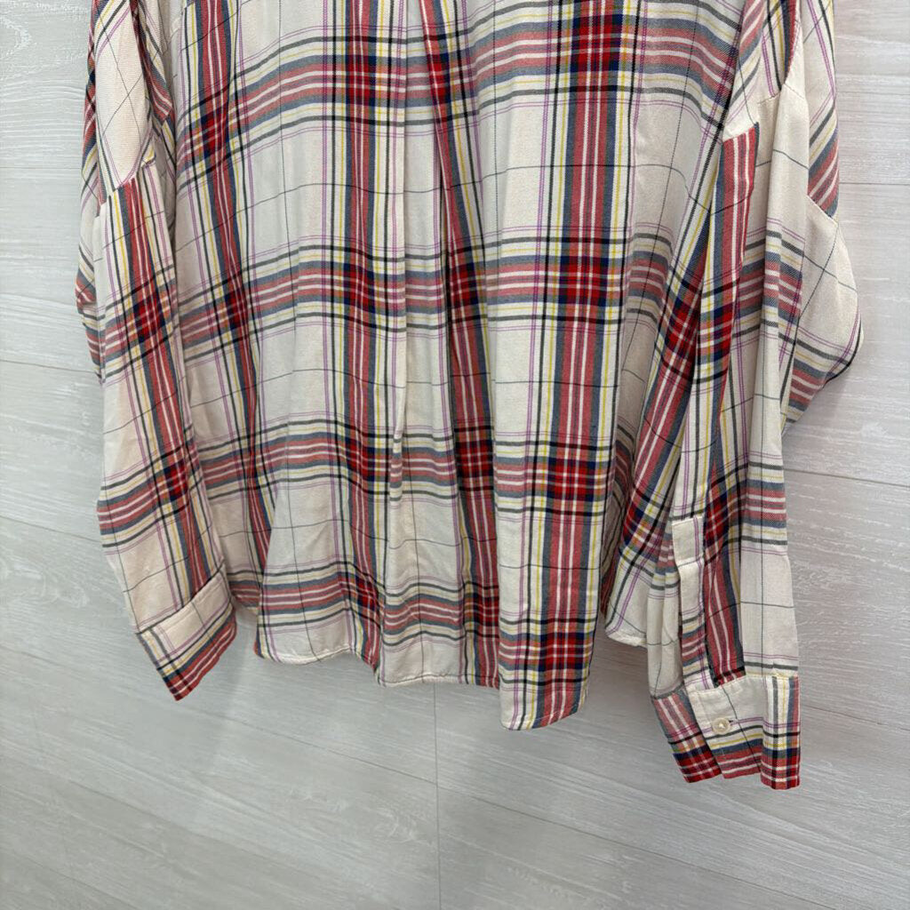 Lou and Grey White/ Multi Plaid Long Sleeve Faux Wrap Top Large