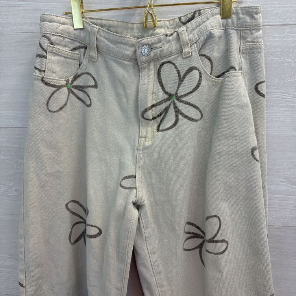 Cream/ Brown Retro Flower Print Jeans Medium