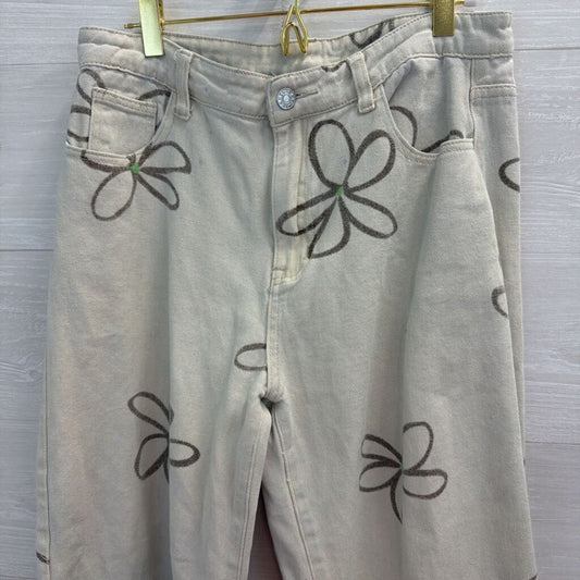 Cream/ Brown Retro Flower Print Jeans Medium