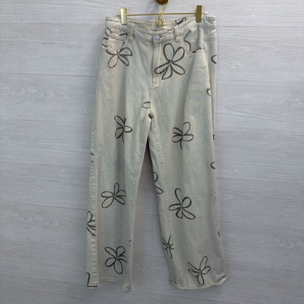 Cream/ Brown Retro Flower Print Jeans Medium