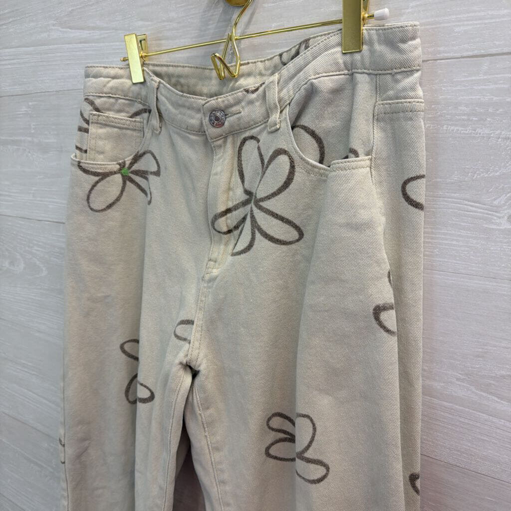 Cream/ Brown Retro Flower Print Jeans Medium
