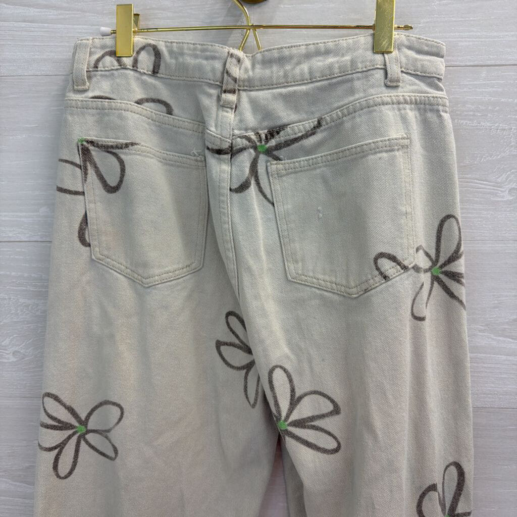 Cream/ Brown Retro Flower Print Jeans Medium