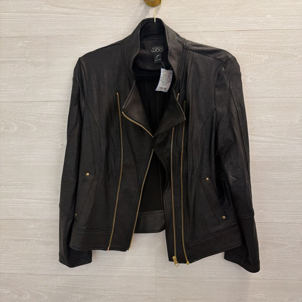Clara Sunwoo Black Faux Leather Double Zip Moto Jacket Medium