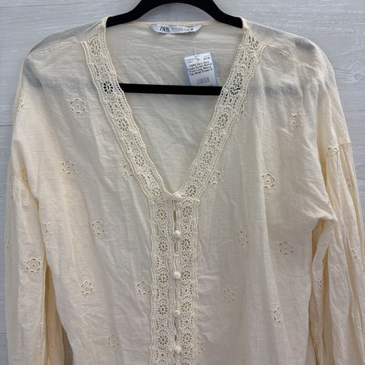 Zara Cream Eyelet Button Front Long Sleeve Top Small