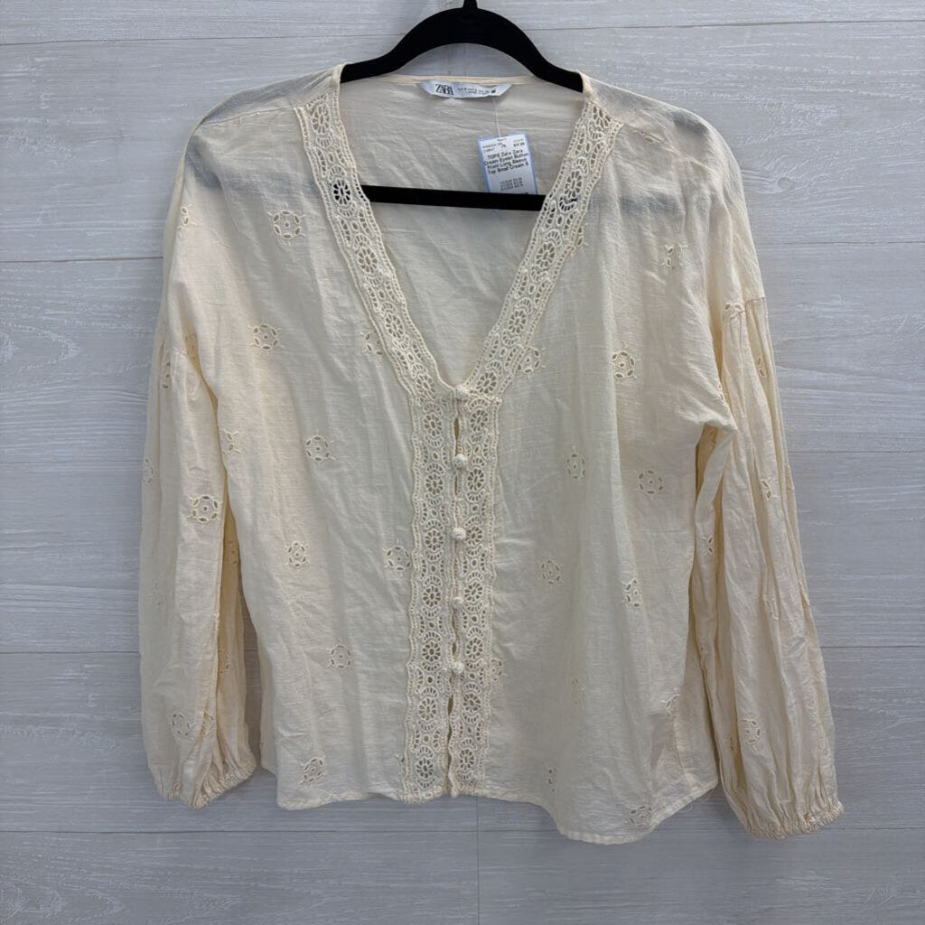 Zara Cream Eyelet Button Front Long Sleeve Top Small