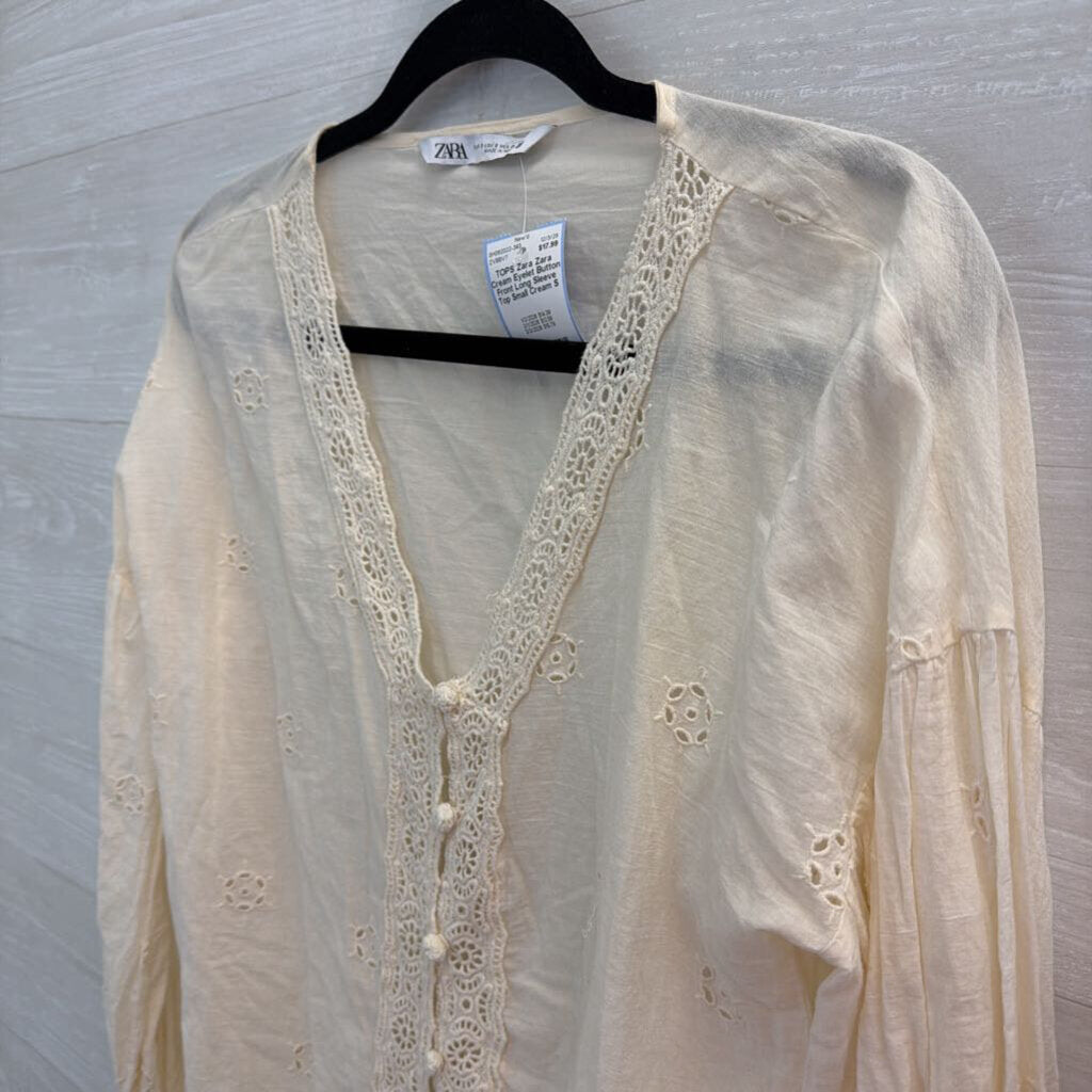 Zara Cream Eyelet Button Front Long Sleeve Top Small