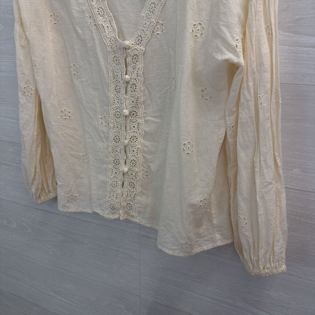 Zara Cream Eyelet Button Front Long Sleeve Top Small