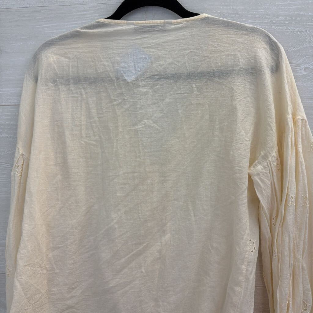 Zara Cream Eyelet Button Front Long Sleeve Top Small