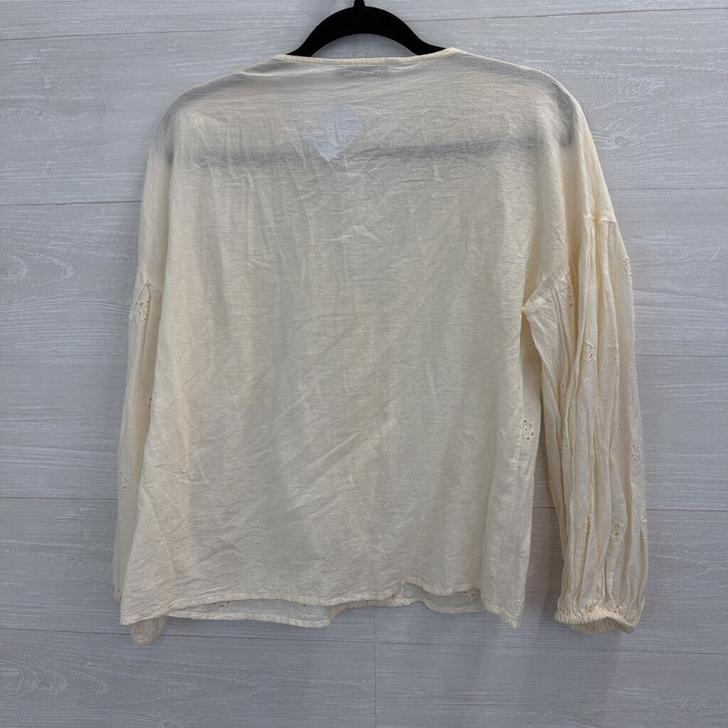 Zara Cream Eyelet Button Front Long Sleeve Top Small