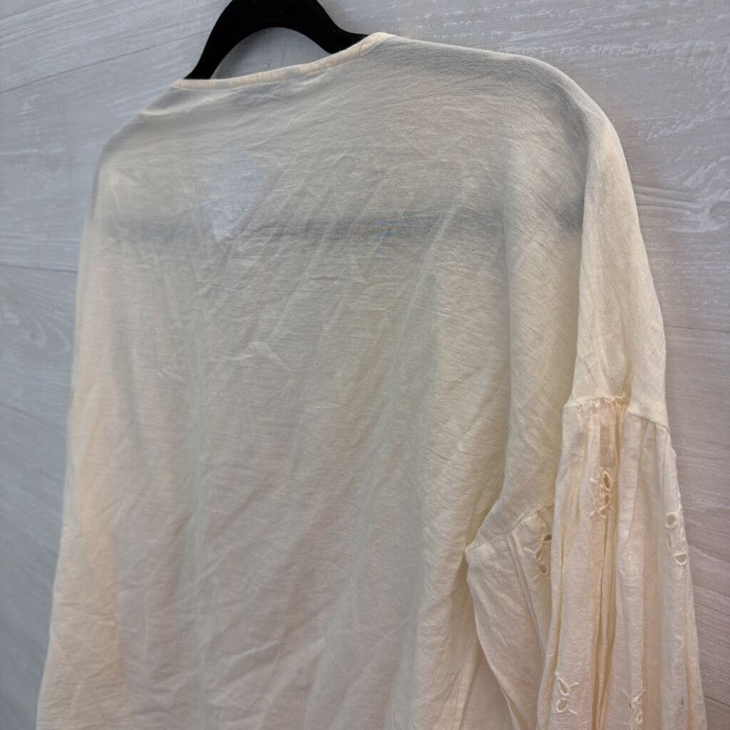 Zara Cream Eyelet Button Front Long Sleeve Top Small
