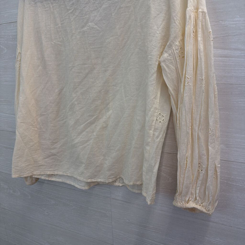 Zara Cream Eyelet Button Front Long Sleeve Top Small
