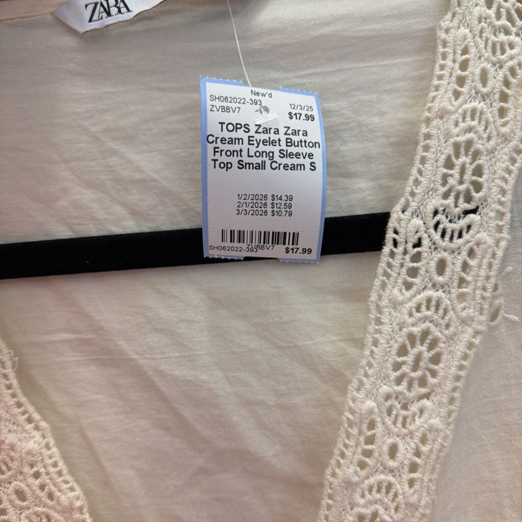 Zara Cream Eyelet Button Front Long Sleeve Top Small