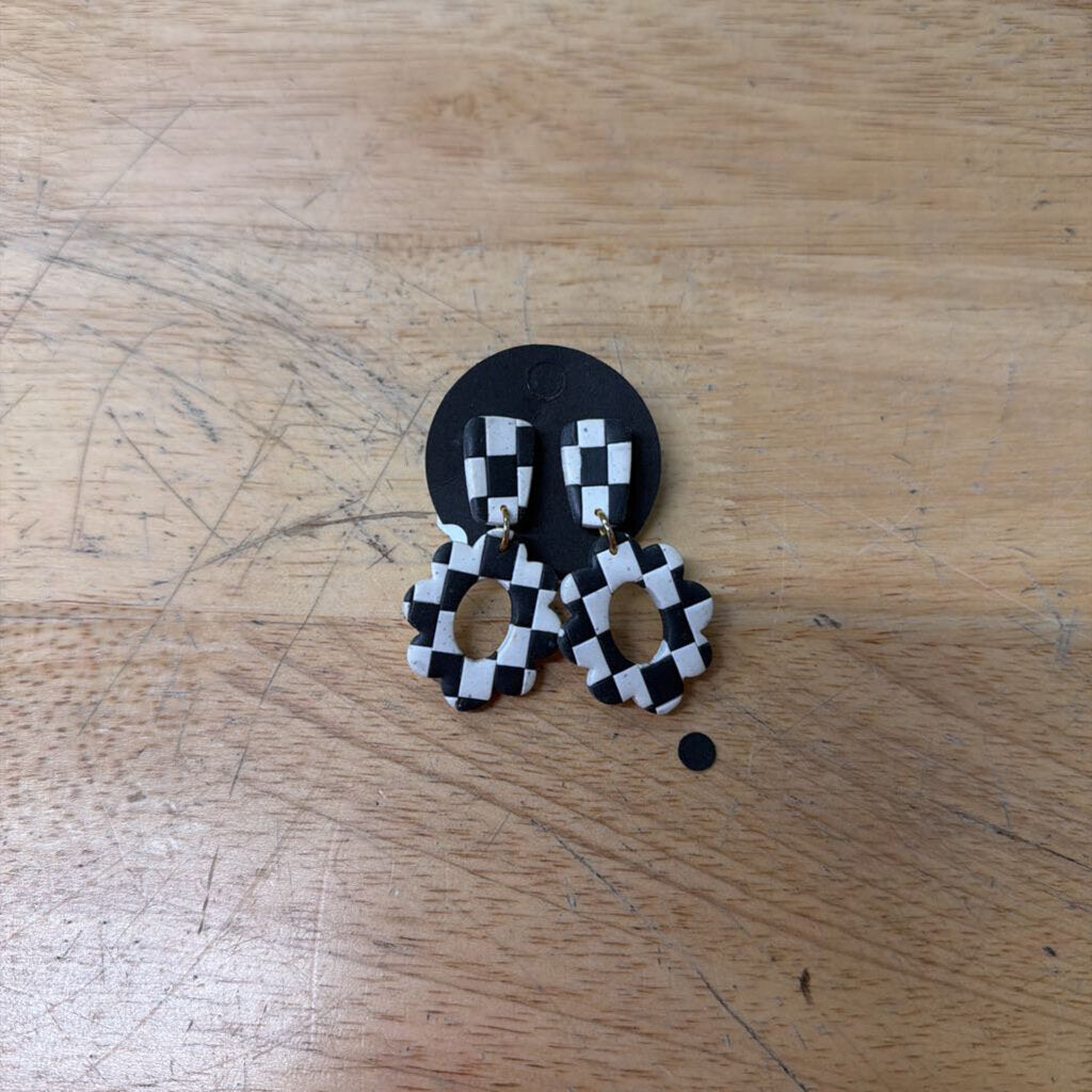 Black/ White Checkered Clay Drop Earrings