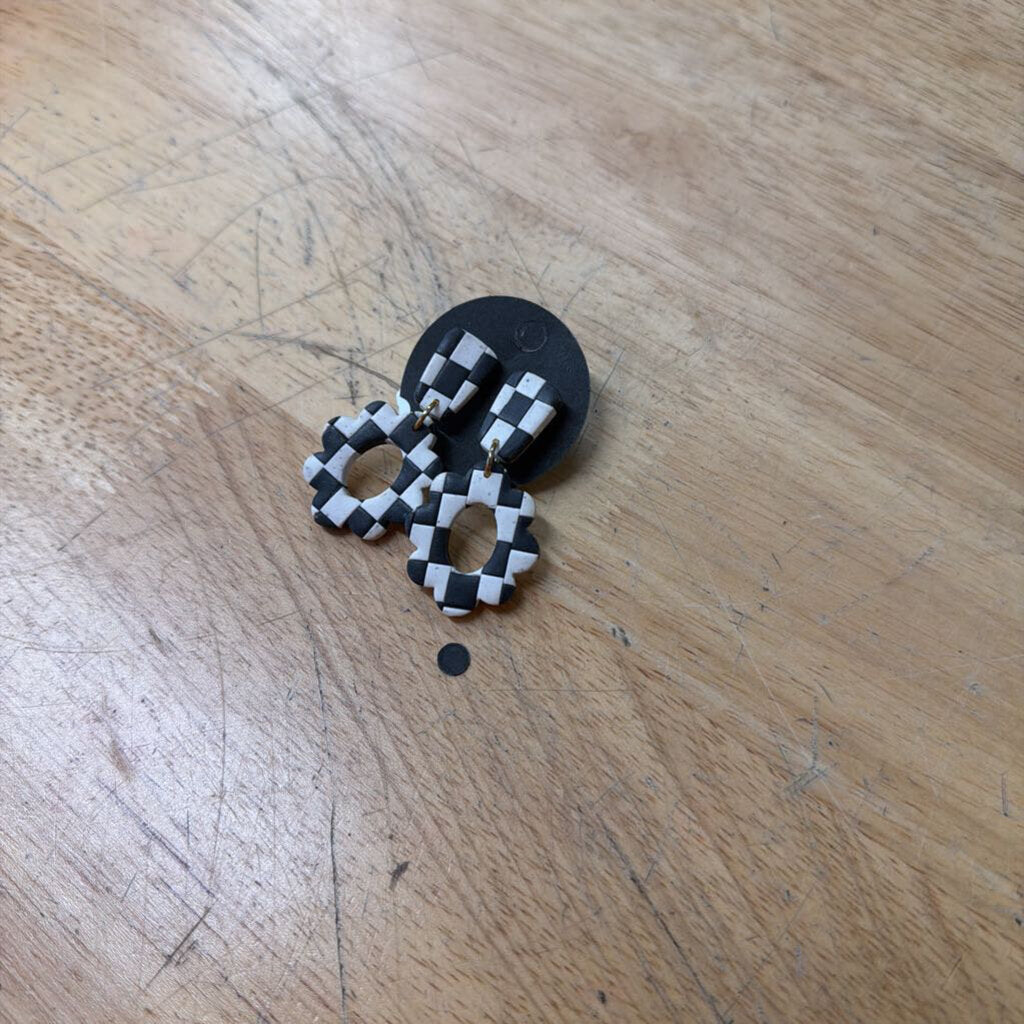 Black/ White Checkered Clay Drop Earrings