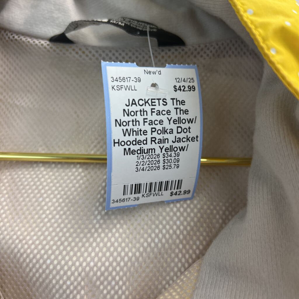 The North Face Yellow/ White Polka Dot Hooded Rain Jacket Medium