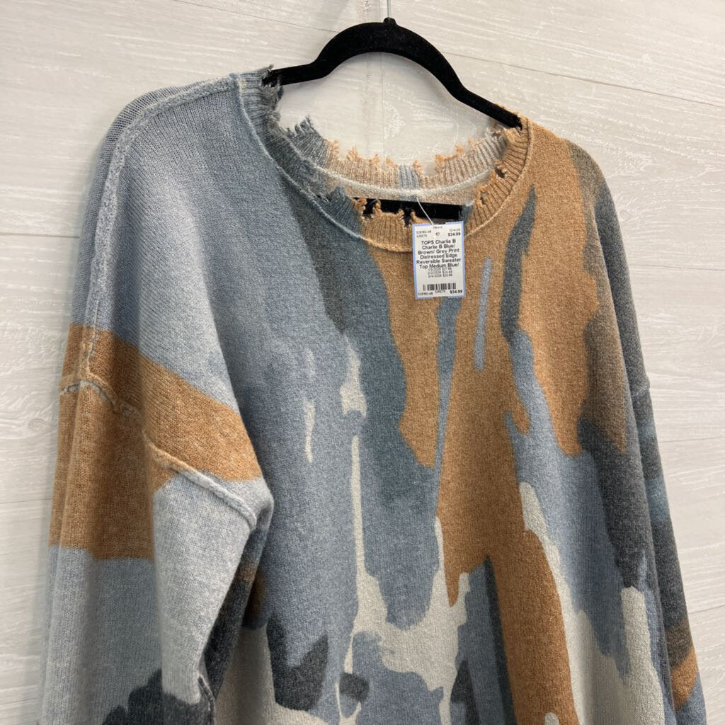 Charlie B Blue/ Brown/ Grey Print Distressed Edge Reversible Sweater Top Medium