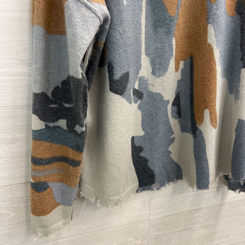 Charlie B Blue/ Brown/ Grey Print Distressed Edge Reversible Sweater Top Medium