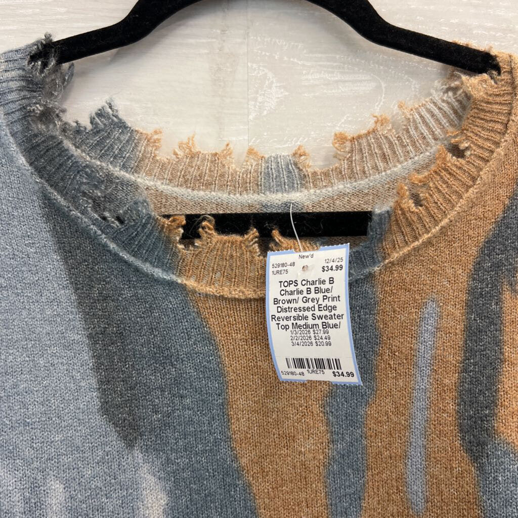 Charlie B Blue/ Brown/ Grey Print Distressed Edge Reversible Sweater Top Medium