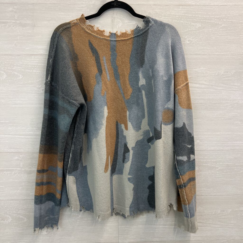 Charlie B Blue/ Brown/ Grey Print Distressed Edge Reversible Sweater Top Medium
