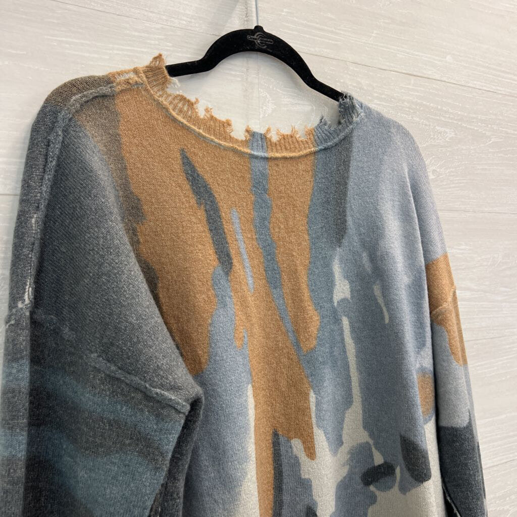 Charlie B Blue/ Brown/ Grey Print Distressed Edge Reversible Sweater Top Medium