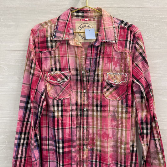 A Rare Bird Pink Plaid Embellished Long Sleeve Snap Front Dress Medium/ Large