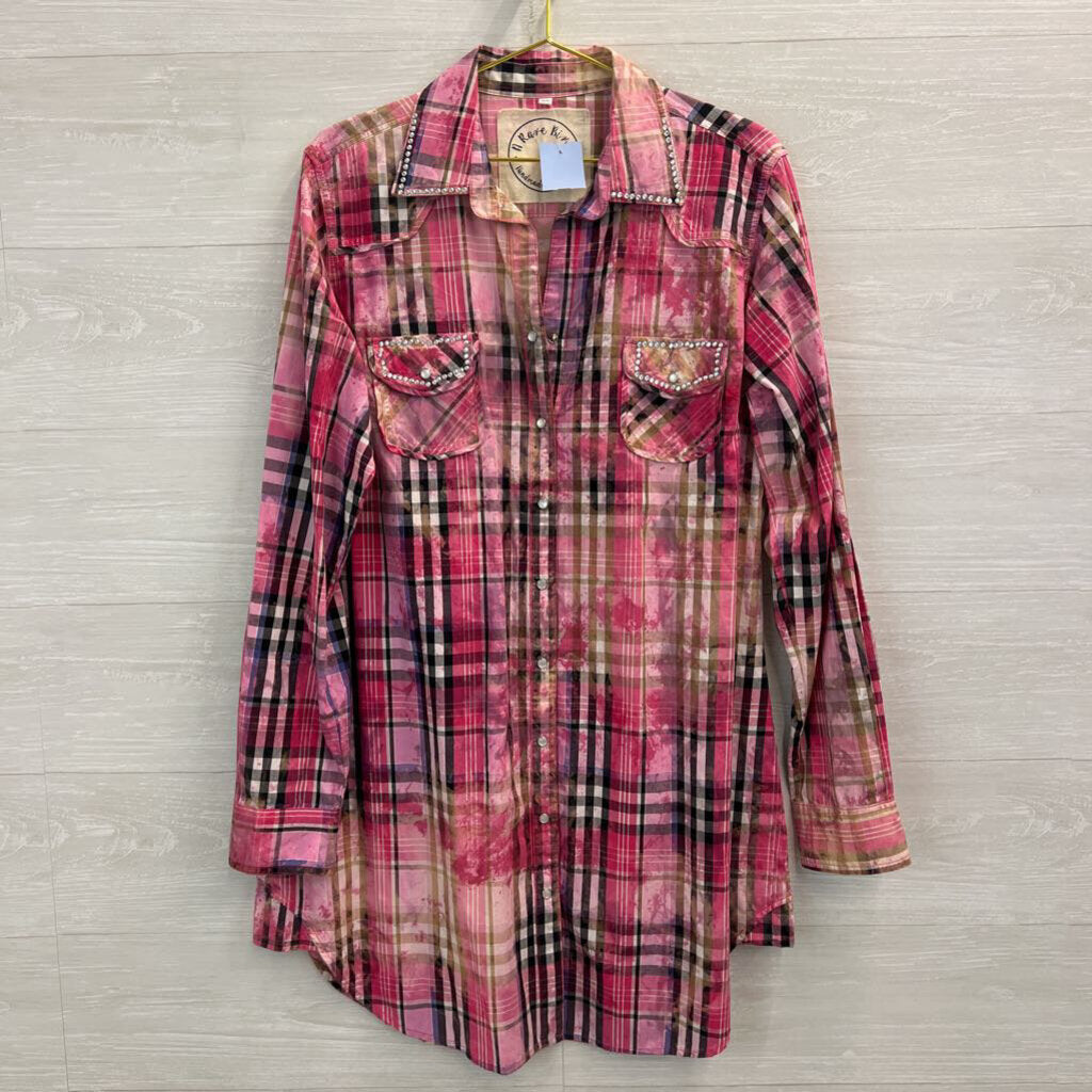 A Rare Bird Pink Plaid Embellished Long Sleeve Snap Front Dress Medium/ Large
