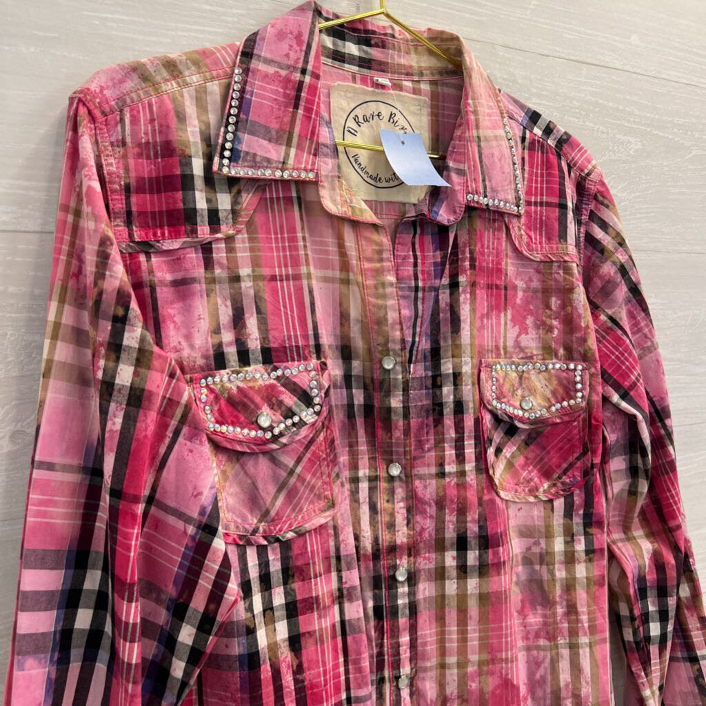 A Rare Bird Pink Plaid Embellished Long Sleeve Snap Front Dress Medium/ Large
