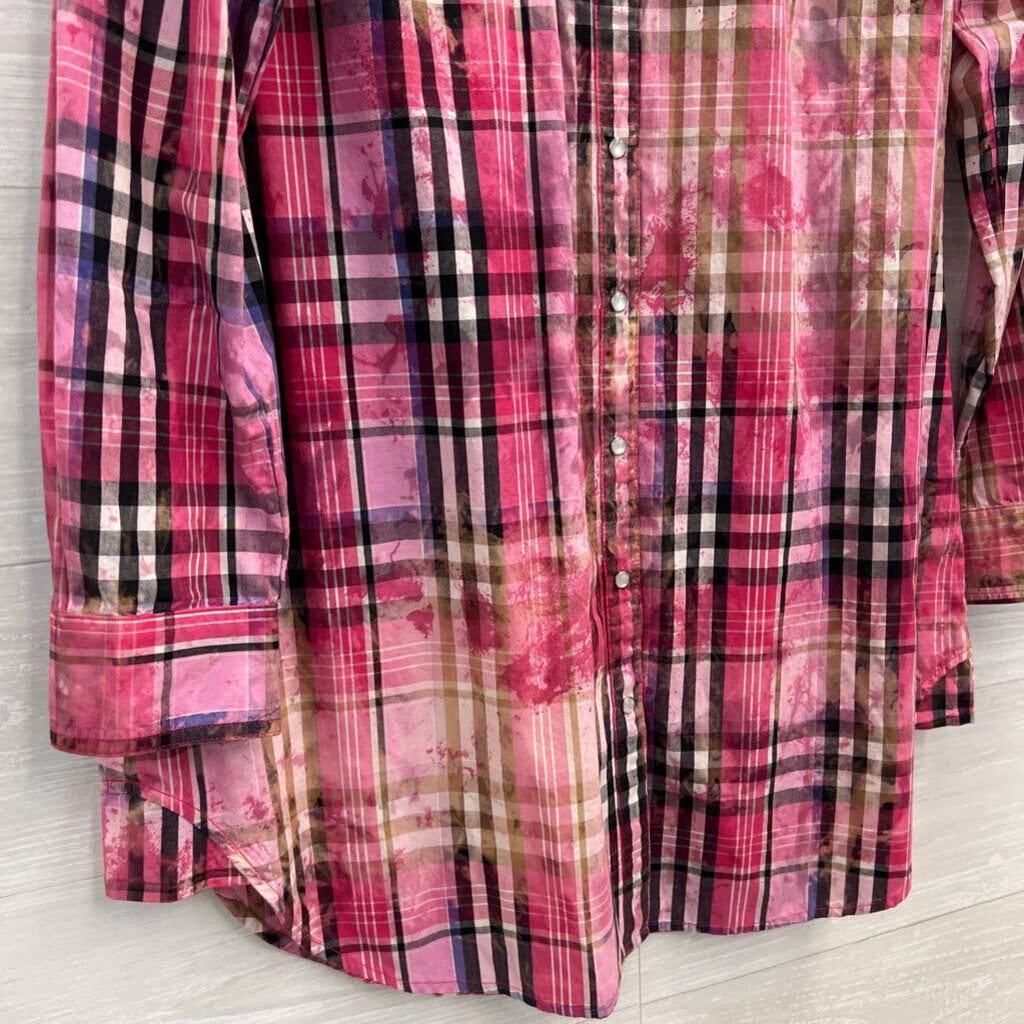 A Rare Bird Pink Plaid Embellished Long Sleeve Snap Front Dress Medium/ Large