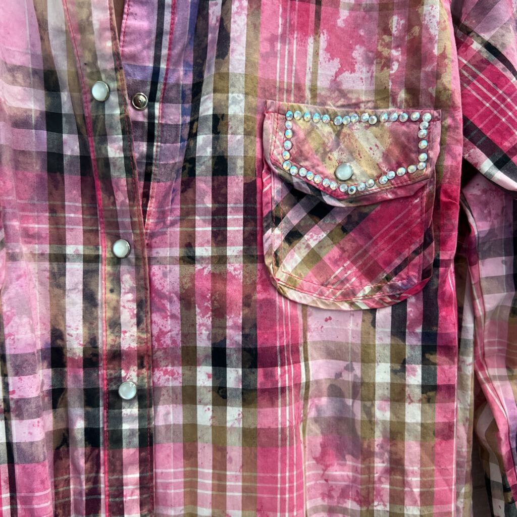 A Rare Bird Pink Plaid Embellished Long Sleeve Snap Front Dress Medium/ Large