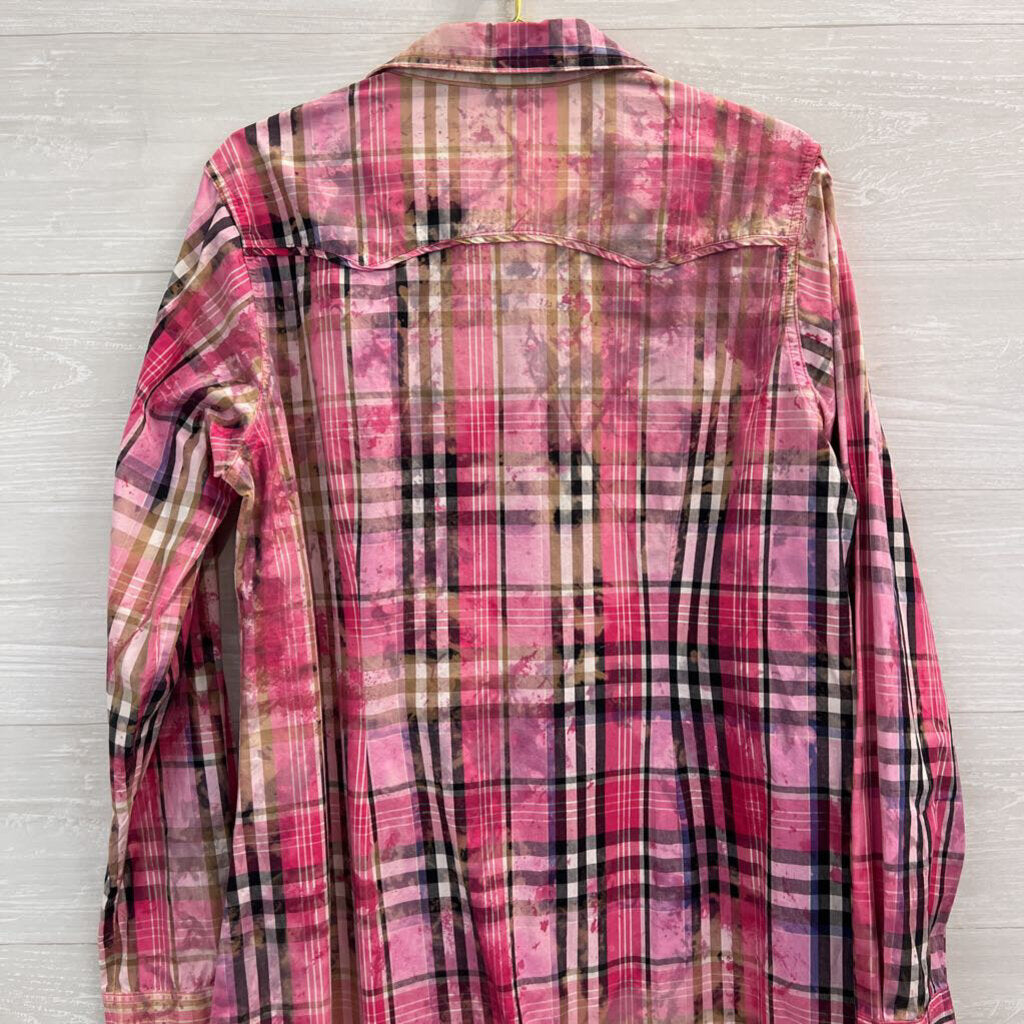 A Rare Bird Pink Plaid Embellished Long Sleeve Snap Front Dress Medium/ Large