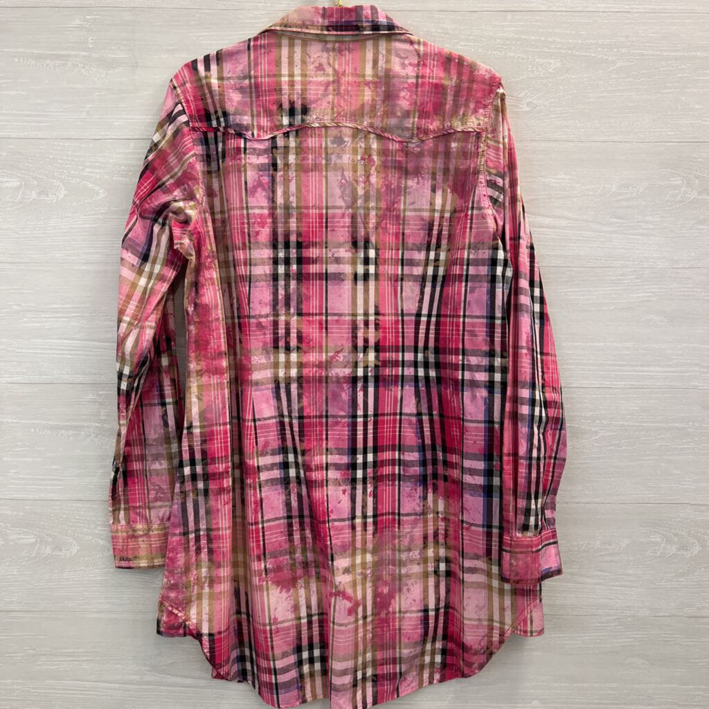 A Rare Bird Pink Plaid Embellished Long Sleeve Snap Front Dress Medium/ Large