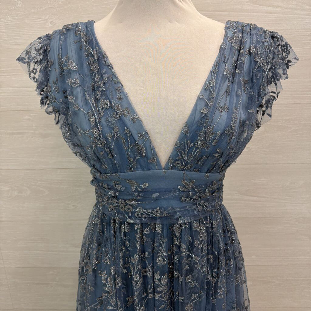 Soieblu Blue Sparkle Design Short Flutter Sleeve Long Formal Dress Large