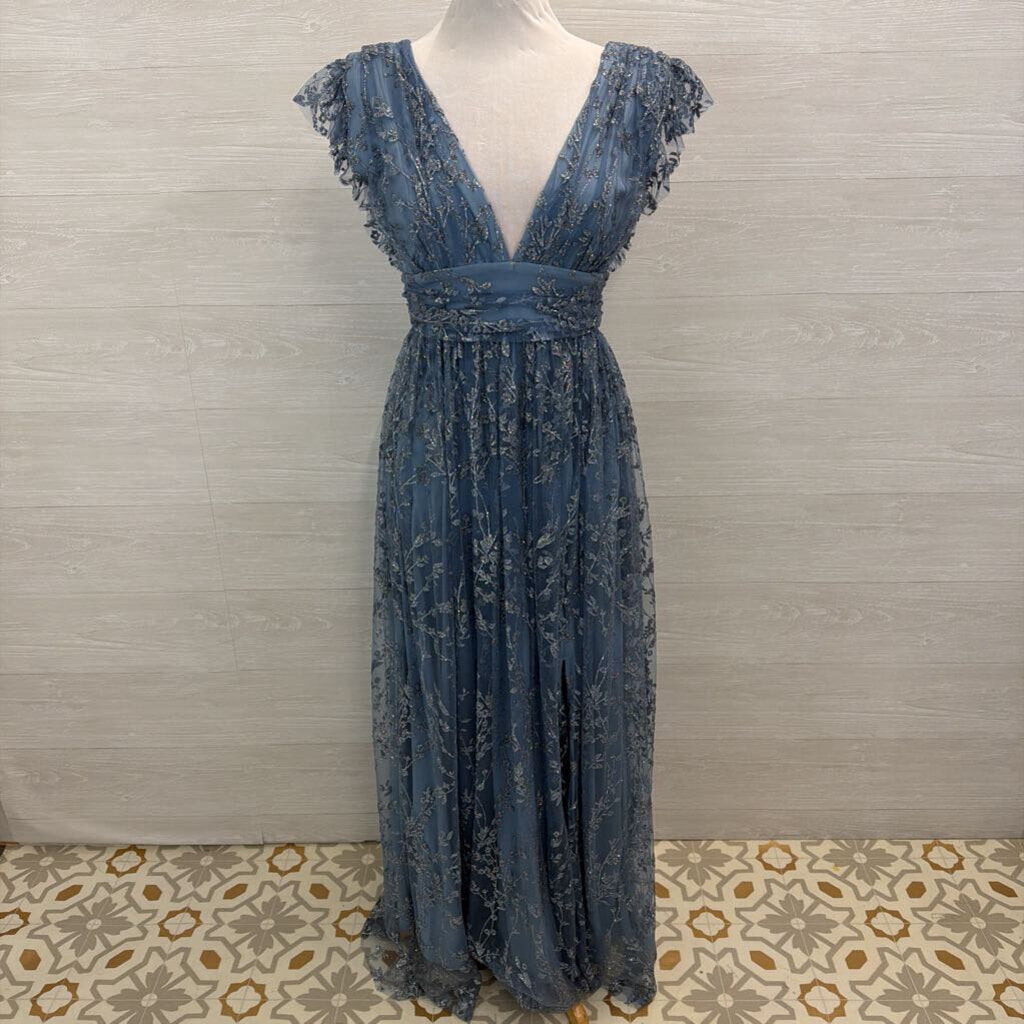 Soieblu Blue Sparkle Design Short Flutter Sleeve Long Formal Dress Large