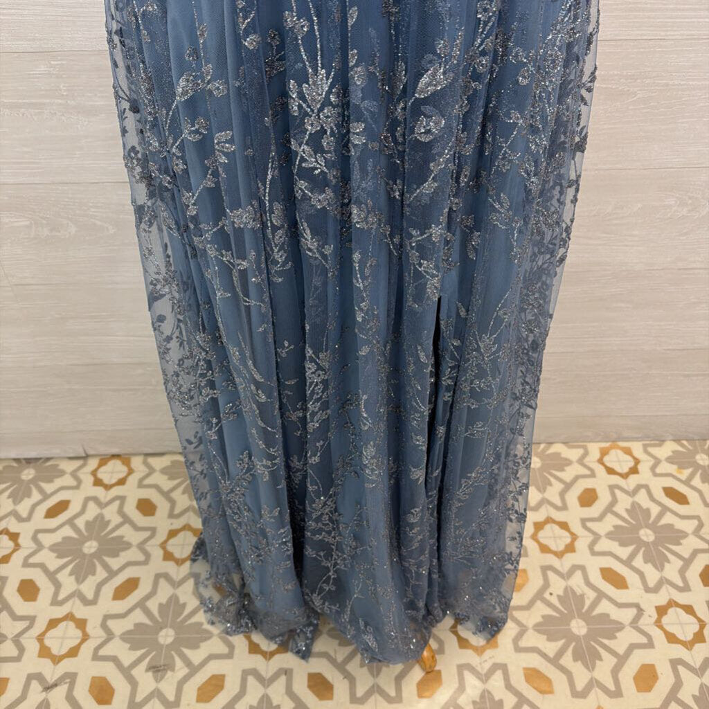 Soieblu Blue Sparkle Design Short Flutter Sleeve Long Formal Dress Large