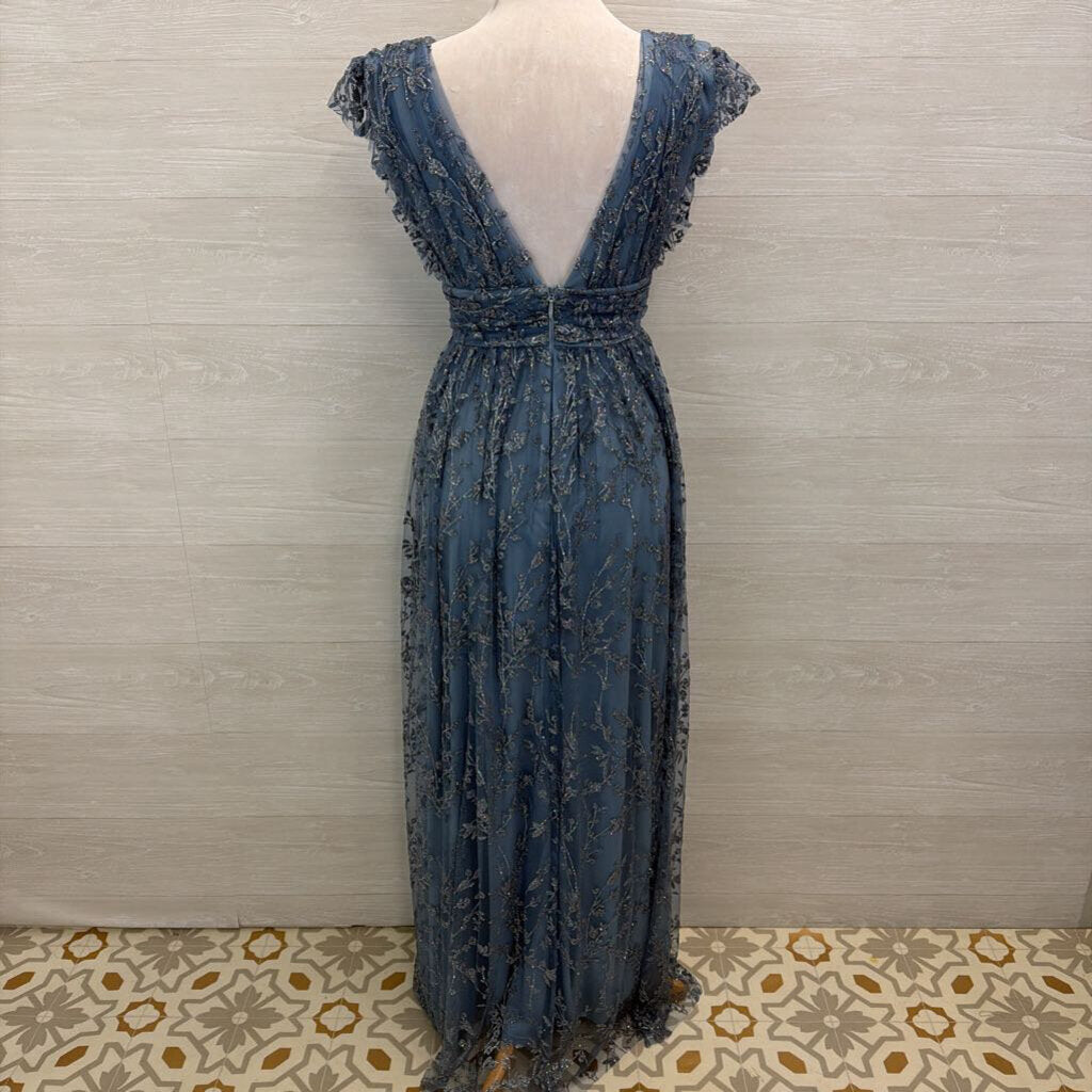 Soieblu Blue Sparkle Design Short Flutter Sleeve Long Formal Dress Large