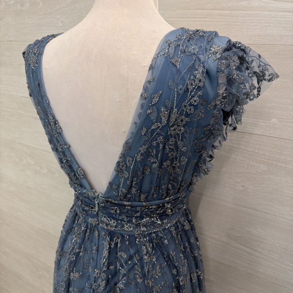 Soieblu Blue Sparkle Design Short Flutter Sleeve Long Formal Dress Large